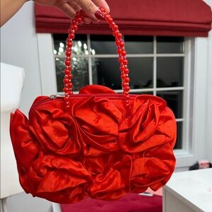 Vibrant Red Floral Clutch with Beaded Handle
